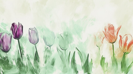 Spring flowers tulips, background greeting card in watercolor grunge style