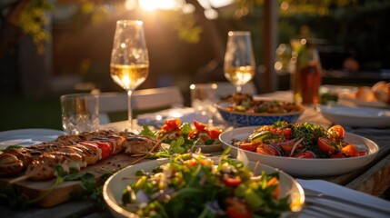 Fototapeta premium Sunset dinner table with delicious food and drinks, including salads, meat dishes, and wine, set outdoors in a warm, inviting ambiance.