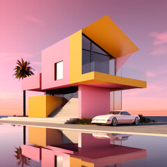 Fantasy futuristic house construction. Whimsical building illustration.