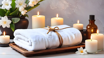 Spa background towel bathroom white luxury concept massage candle bath. Bathroom white wellness spa background towel relax aromatherapy flower accessory zen therapy aroma beauty, Generative AI