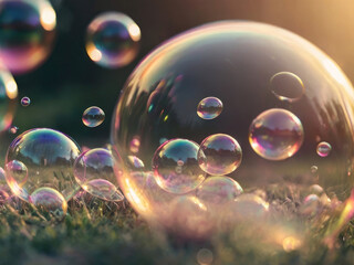 Rainbow soap bubbles close up.