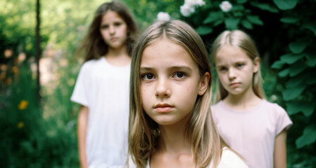 Small child, girl, in the garden with siblings, quarrelling and bullying, bad mood, drama, anxiously hiding, envy and exclusion, sad expression, family tragedy