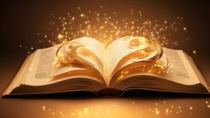 Open book with beautiful, magically glowing fonts on a warm, golden background