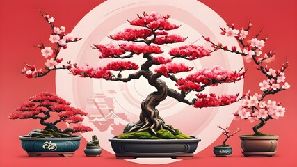 Fototapeta premium A cherry blossom flower and bonsai logo design in Asian style with Japanese elements icons.