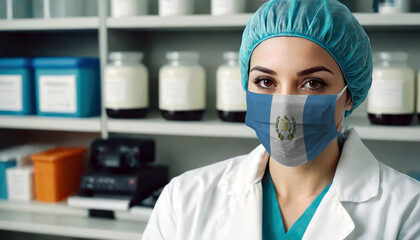 Guatemala doctor wearing medical mask. Guatemala flag print on woman doctor's mask smiling in confidence giving hope