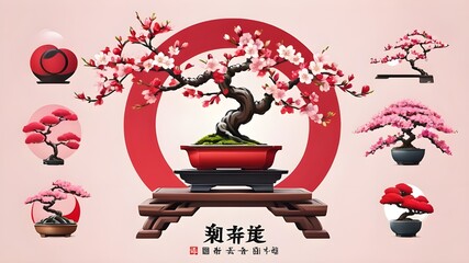 A cherry blossom flower and bonsai logo design in Asian style with Japanese elements icons.