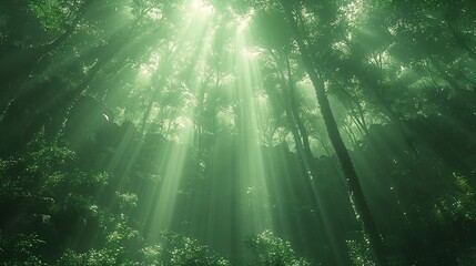 Naklejka premium Sunlight beams through a dense forest canopy, creating a mystical atmosphere.