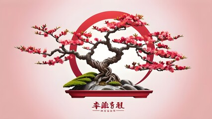 A cherry blossom flower and bonsai logo design in Asian style with Japanese elements icons.