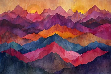Abstract watercolor painting of a mountain range with a sunset in the background.