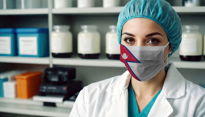 Nepal doctor wearing medical mask. Nepal flag print on woman doctor's mask smiling in confidence giving hope
