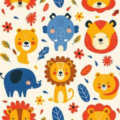 Adorable Cartoon Jungle Animals Seamless Pattern for Children