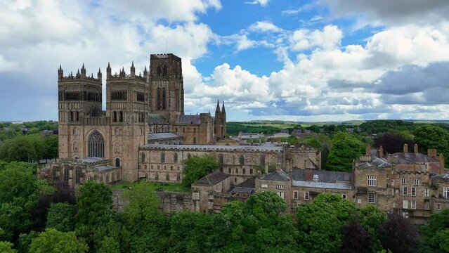 Aerial view of Durham Cathedral in the historic center of Durham, UK.