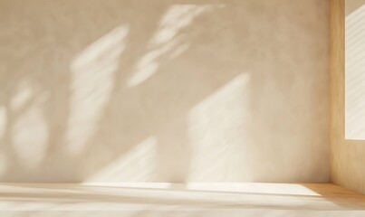 Empty Studio 3d exhibition background - pastel creamy beige stage with soft natural abstract diagonal window light and shadows. Minimal architectural scene for product mock up. Front view, copy space 