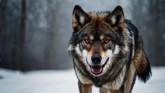 Furious Black Wolf with Red Eyes Ready to Attack