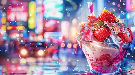 Vibrant ice cream sundae with strawberries in a city nightlife setting, surrounded by neon lights and a dreamy atmosphere.