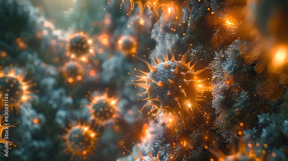 Poster glowing microscopic viral structures in abstract molecular arrangement for scientific or medical con