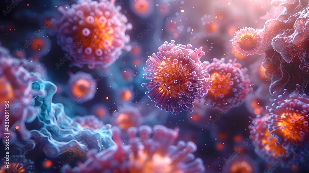 Aufkleber glowing microscopic viral structures spreading in a vibrant digital microscape
