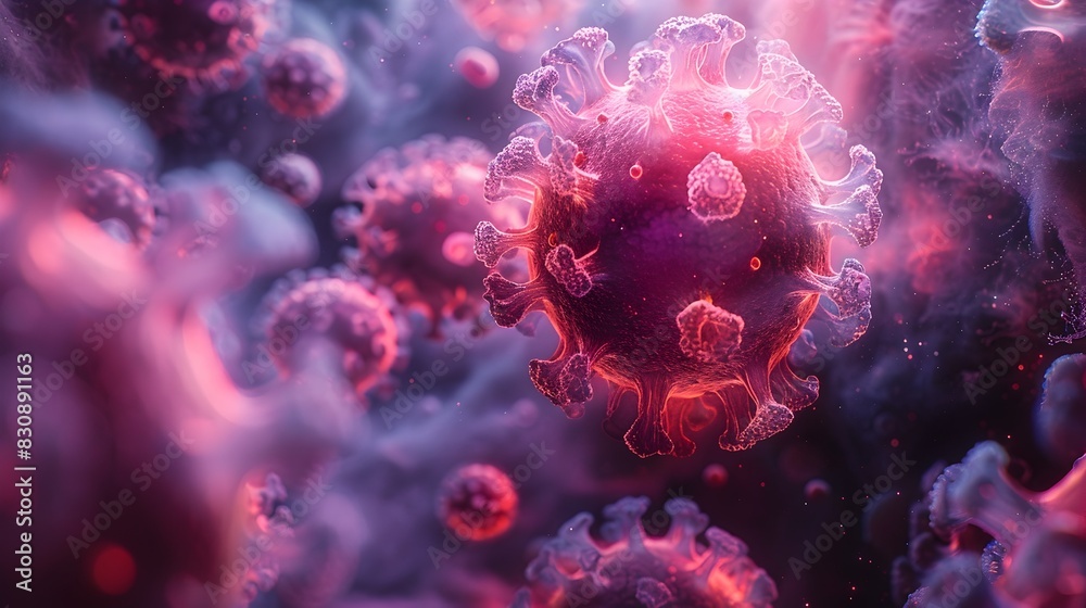 Aufkleber glowing microscopic virus or bacteria cell in abstract digital render