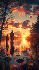 Father and Child  fishing at Sunset by the Water