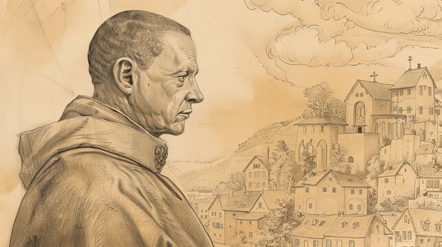 Reflection of St. Norbert of Xanten in 12th-Century German Village, Biblical Illustration, Beige Background, Copyspace