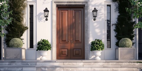 house with a brown door and two planters on the steps