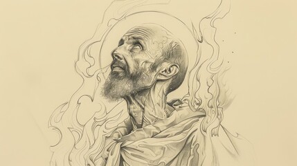 Fototapeta premium Martyrdom of St. Polycarp with Flames and Serene Faith, Biblical Illustration, Beige Background, Copyspace