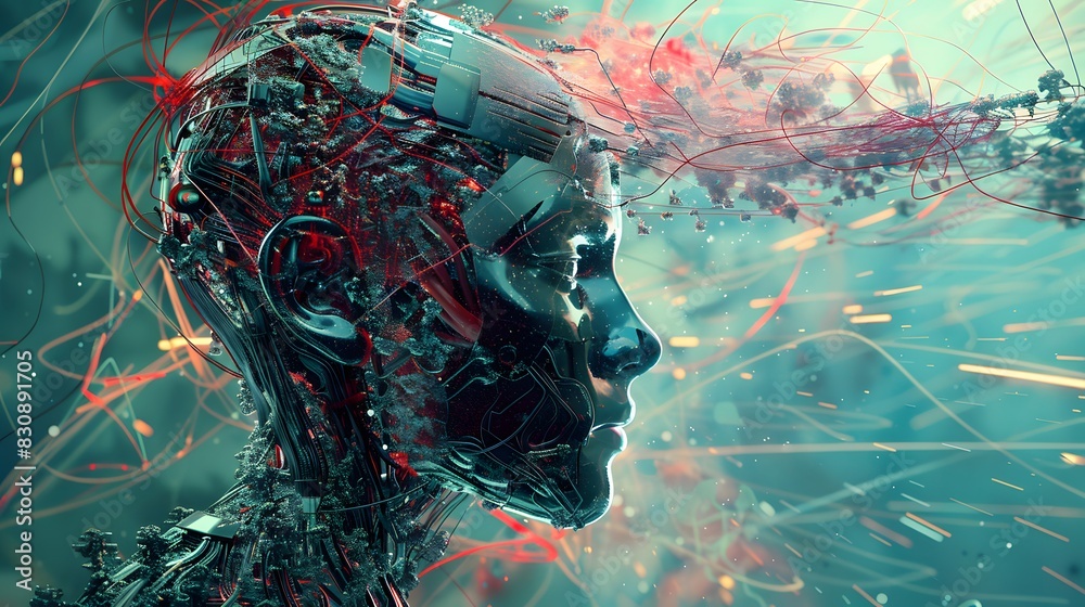 Poster a glitch-ridden artificial intelligence program spiraling out of control, causing havoc in a once or