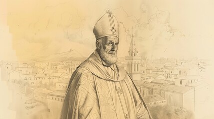 Fototapeta premium Bishop's Robes of St. Zeno of Verona at 4th-Century Italian City, Biblical Illustration, Beige Background, Copyspace