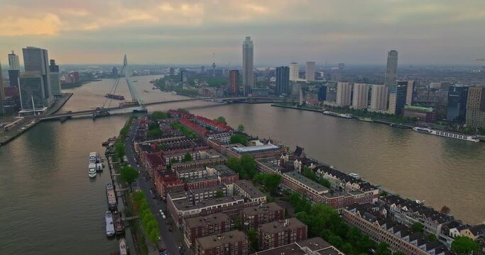 Aerial view of the Erasmus Bridge and the center of Rotterdam, Netherlands
