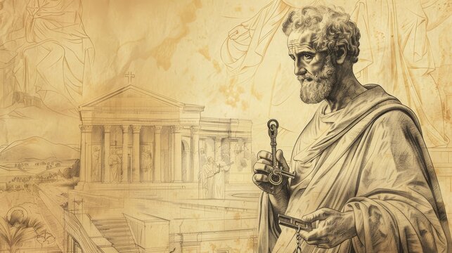 St. Peter the Apostle with Keys in 1st-Century Church, Biblical Illustration, Beige Background, Copyspace