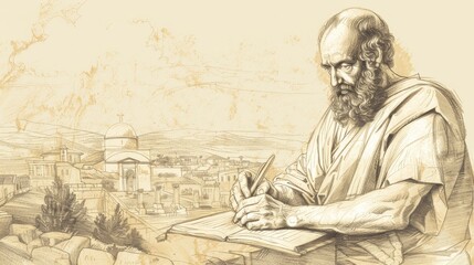 Fototapeta premium Writing of St. Paul the Apostle in 1st-Century Church, Biblical Illustration, Beige Background, Copyspace