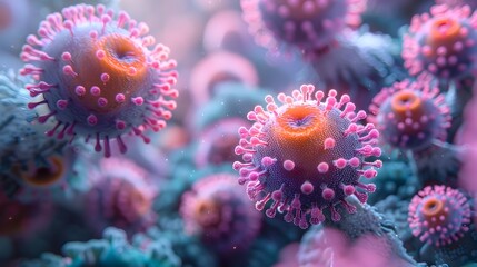 Fototapeta premium Intricate Microscopic Virus Particles Magnified in Vibrant Colors Symbolizing the Ongoing Public Health Crisis and Threat of Infectious Disease