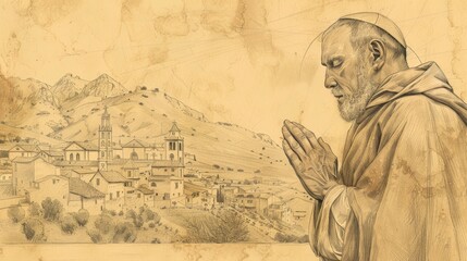Fototapeta premium Prayer of St. Paschal Baylon at 16th-Century Spanish Village, Biblical Illustration, Beige Background, Copyspace