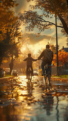 Fototapeta premium Father and Child cycling in Sunlit Autumn Street 