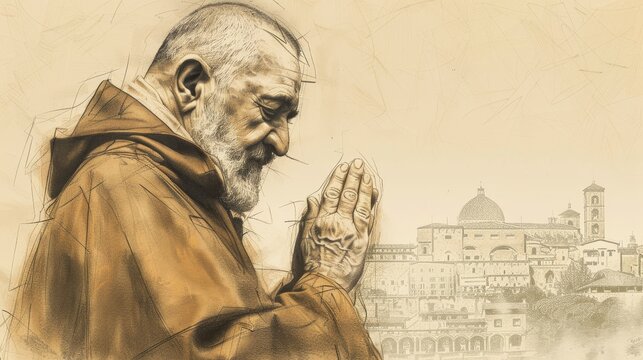 In Prayer, St. Pio of Pietrelcina in 20th-Century Italian Monastery, Biblical Illustration, Beige Background, Copyspace