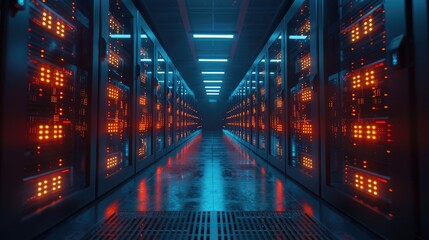 Fototapeta premium High-tech cryptocurrency mining farm in action, rows of mining rigs with pulsating lights in a dark, cool environment