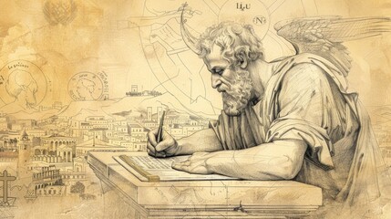 St. Luke Writing Gospel with Winged Ox and Ancient Cities, Biblical Illustration, Beige Background, Copyspace