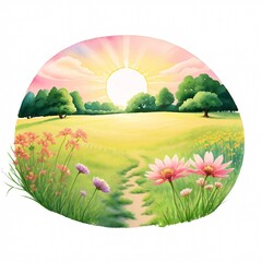 Watercolor Painting of a Sunlit Meadow with Flowers and Trees