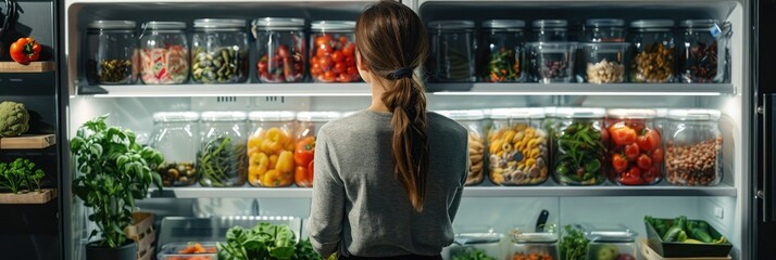 Innovative smart fridge interior, illuminated with LED lights, organized with containers of superfoods, accessible via digital interface