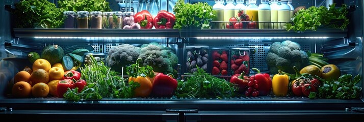 Innovative smart fridge interior, illuminated with LED lights, organized with containers of superfoods, accessible via digital interface