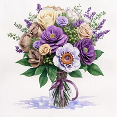 Watercolor Bouquet of Purple and Beige Flowers in a Glass Vase