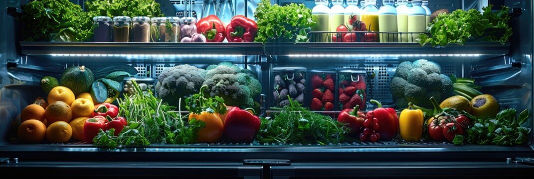 Innovative smart fridge interior, illuminated with LED lights, organized with containers of superfoods, accessible via digital interface