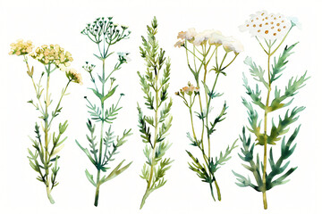 Collection of delicate watercolor wildflowers and herbs isolated on a white background, perfect for design elements and prints