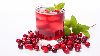 Lingonberry drink with red berries, a glass of cranberry juice on a white background