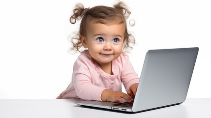 Child uses a laptop, looks at the screen. Types on the keyboard