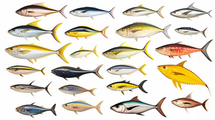 A set of icons of different varieties of fish on a white background