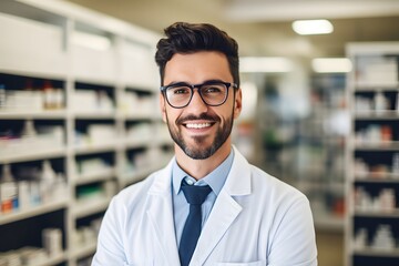 A cheerful young pharmacist stands in a pharmacy, smiling confidently