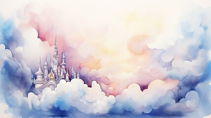 Obraz premium An air castle floating in the clouds, a watercolor postcard background