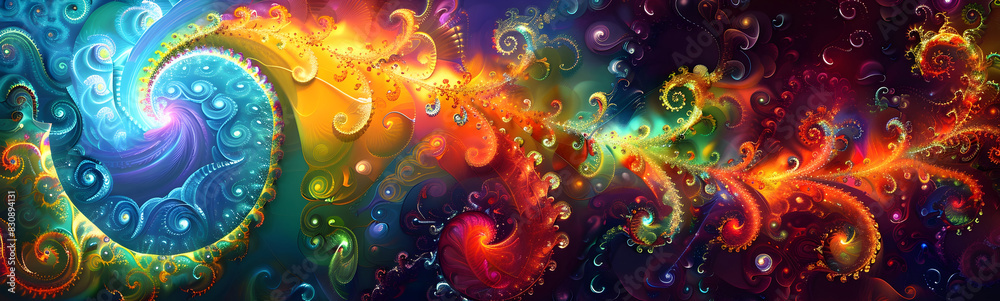 Poster mesmerizing swirls of vibrant colors and captivating fractals in a dreamlike digital wonderland