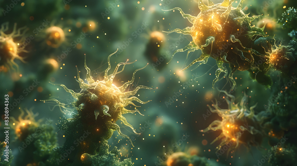Poster microscopic biological cells in energetic and dynamic motion illustrating scientific discovery and i